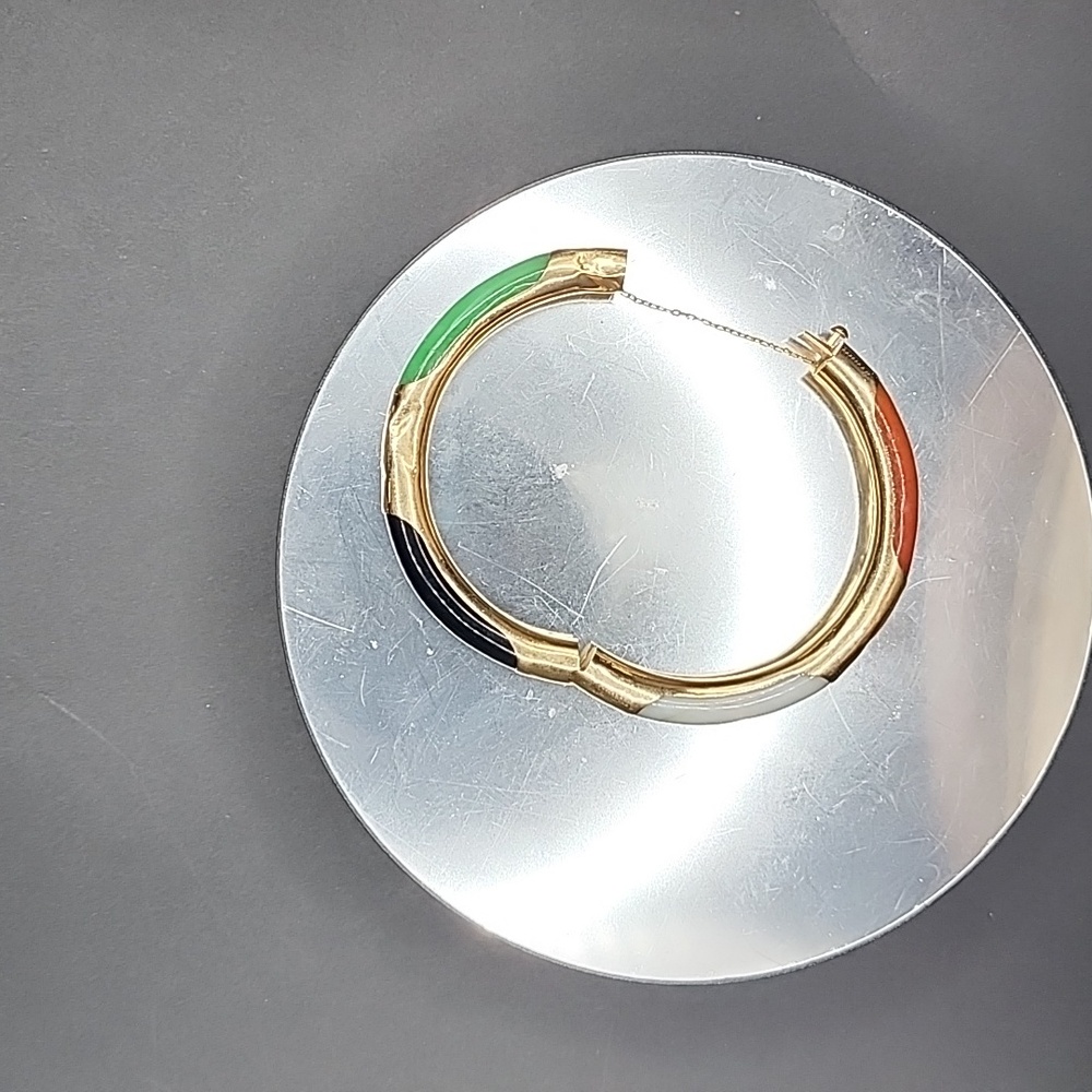 14k Gold Multicolor Jade Bangle - Picture 3 of 15